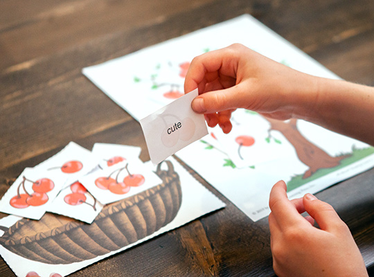 An actiivty sheet from All About Reading Level 1 where a child places cherries from a tree into a basket